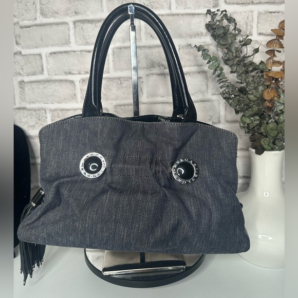 Bvlgari leather & denim shoulder bag in EUC with snap closure and double handles